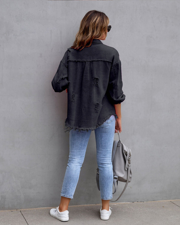 Drune | Denim Bluse - Damen Jeansjacke mit fransigen Details und Knopfverschluss