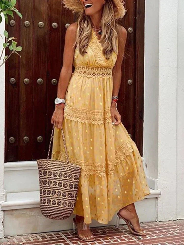 Drune | Stilvolle Lange Kleid Mit Spitzen Details