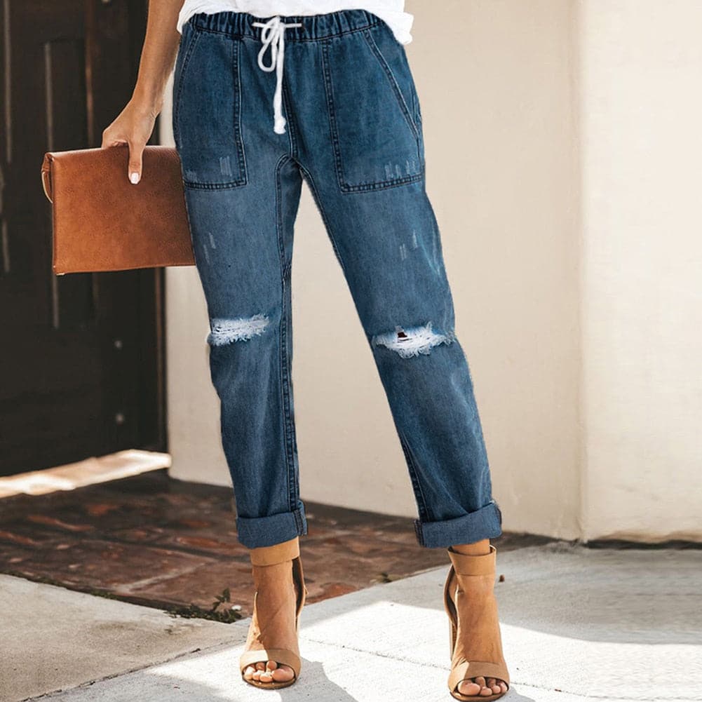 Drune | Relaxed Fit Zerrissene Denim Elastischer Bund Mit Kordelzug