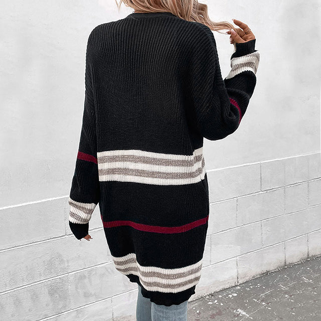 Drune | Lange Strickjacke Polyester Schwarz, Gestreift, Komfortabel