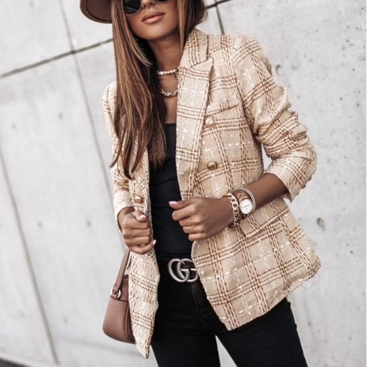 Drune | Blazer Tweed Stoff Karomuster Taillierte Passform Goldene Knöpfe