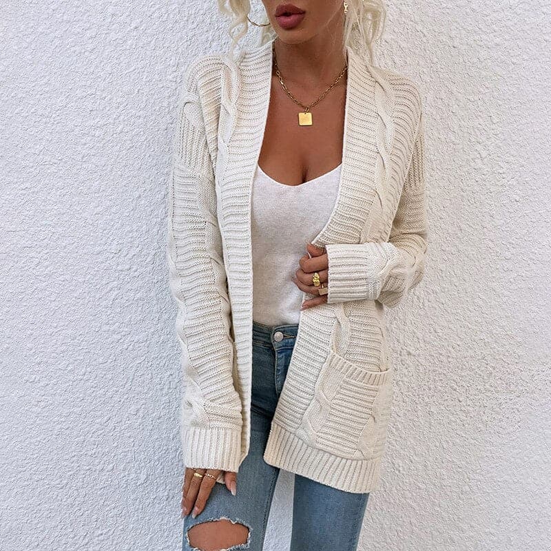Drune | Strickjacke Gestrickte Kabelmuster Offene Vorderseite Langärmlig Mit Taschen