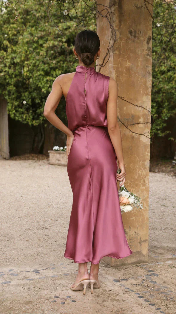 Drune | Elegantes Satin Midikleid Mit Drapiertem Ausschnitt Für Damen
