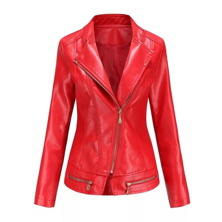 Drune | Faux Leather Motojacke - Asymmetrischer Reißverschluss - Taillierte Passform - Kräftige Farben