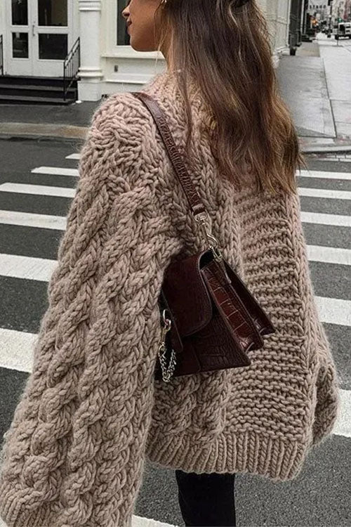 Drune | Rosiedress Rundhals Übergroße Zopfmuster Pullover