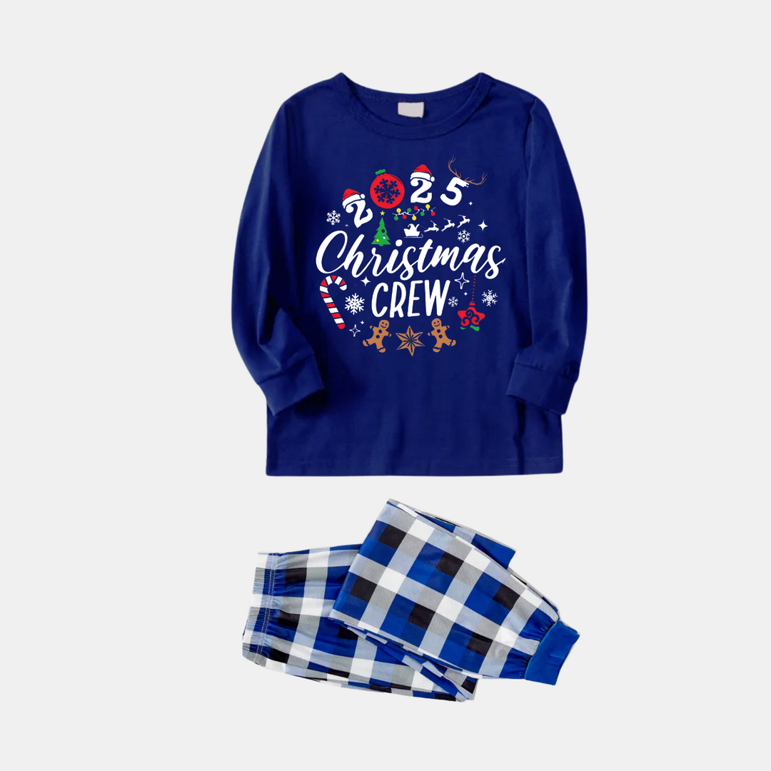 Drune | "2025 Weihnachtsmann" Text und Weihnachtsmuster Gedruckt Blau und Weiß Karierte Familienpassende Pyjamas