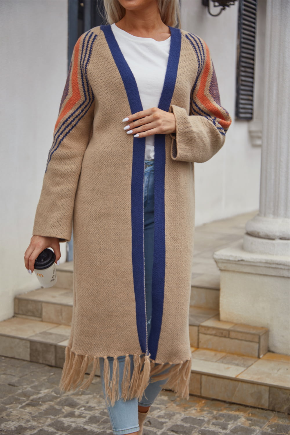 Drune | Geometric Fringe Hem Offene Front Duster Cardigan
