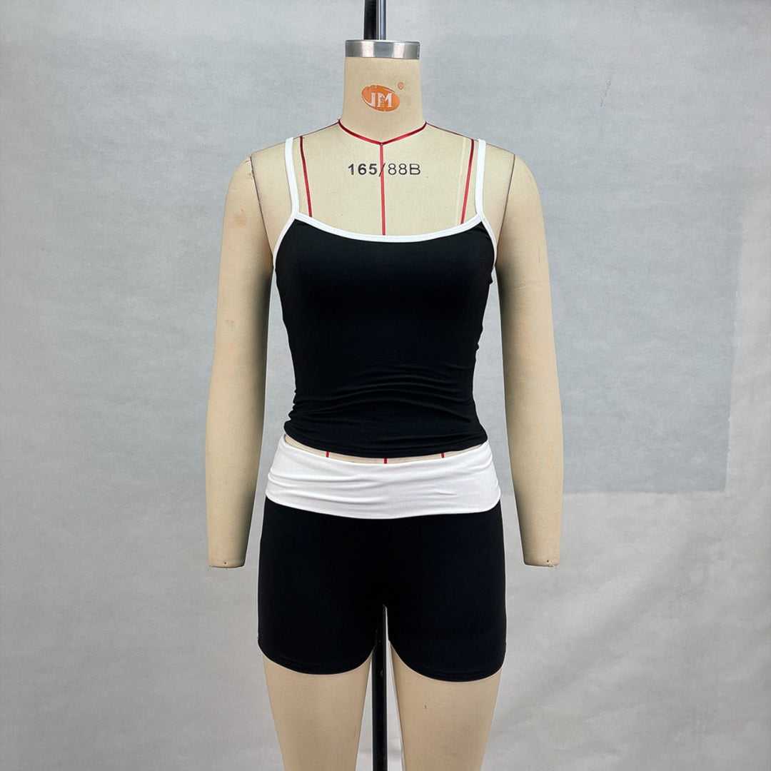 Drune | Hosenträger Nabel Kontrast Top Niedrige Taille Shorts Set