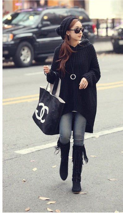 Damen Grobstrick-Poncho mit fransigen Details und Kapuze Drune