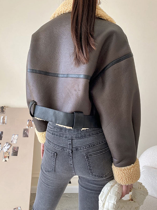 Drune | Braune Lambswool gefütterte Leder Splice Kurzjacke