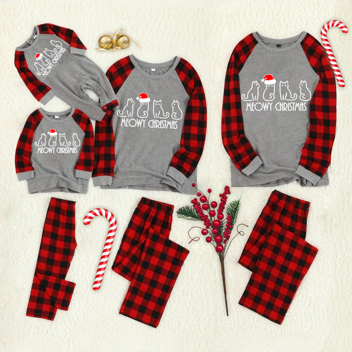 Drune | Weihnachts-Kartoon-Katzenmuster "Meowy Christmas" Buchstabenprint Kontrastoberteil und Karopants Familienpassende Pyjama-Set mit Hundebandana