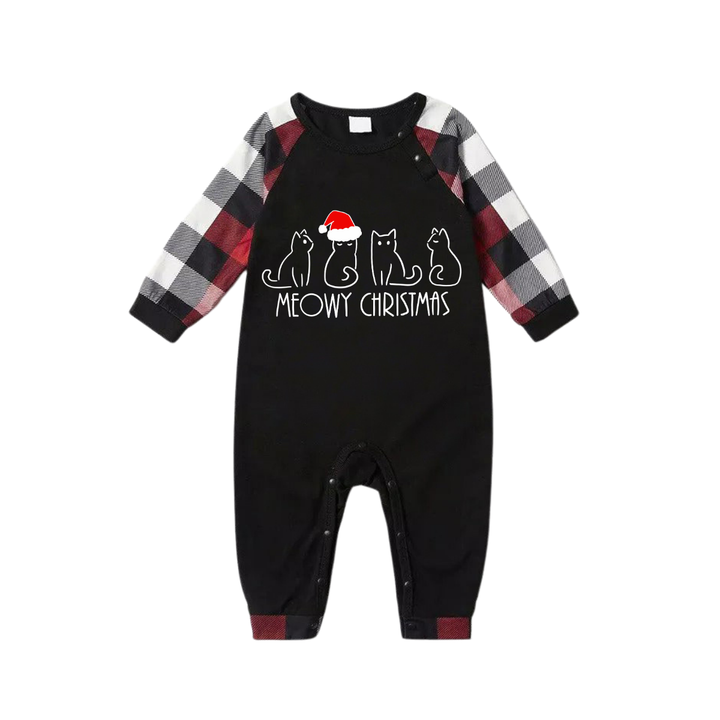 Drune | Weihnachtsniedliche Katzenmuster Rot & Schwarz & Grau & Weiß Karierte Familien-Pyjamas