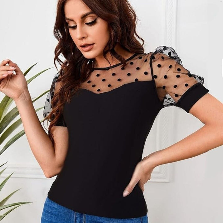 Drune | Bluse mit Tupfen-Mesh und Puffärmeln