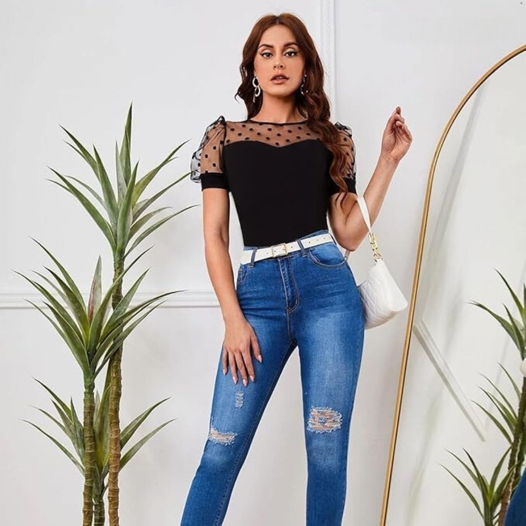 Drune | Bluse mit Tupfen-Mesh und Puffärmeln