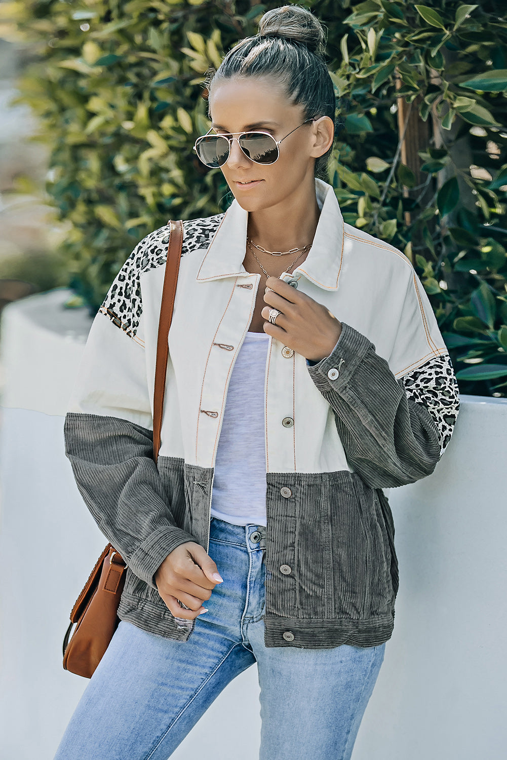 Drune | Leopard Farbblock Knopfleiste Cord Baumwolljacke