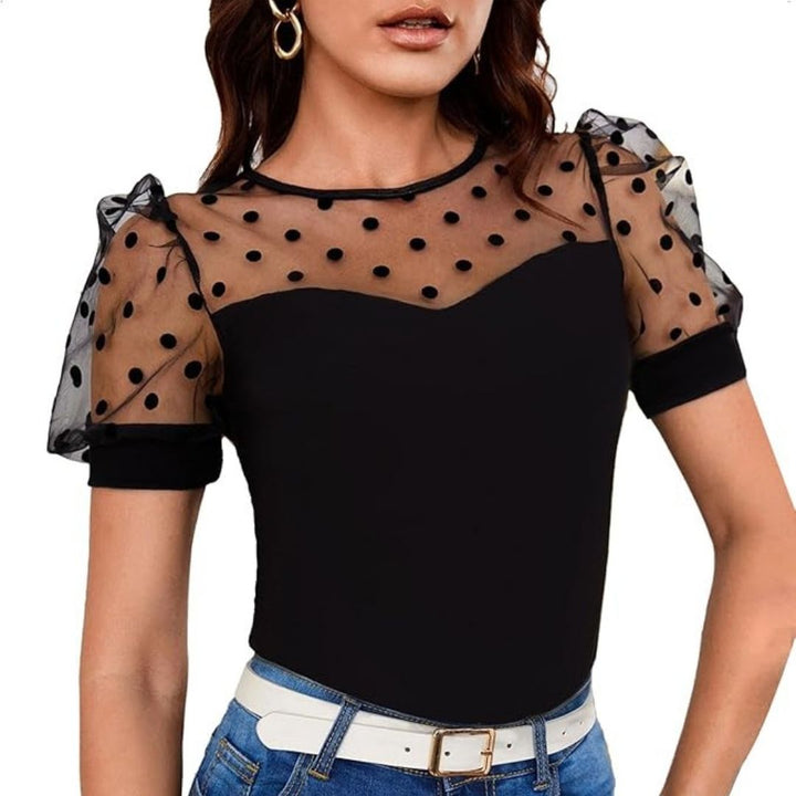Drune | Bluse mit Tupfen-Mesh und Puffärmeln