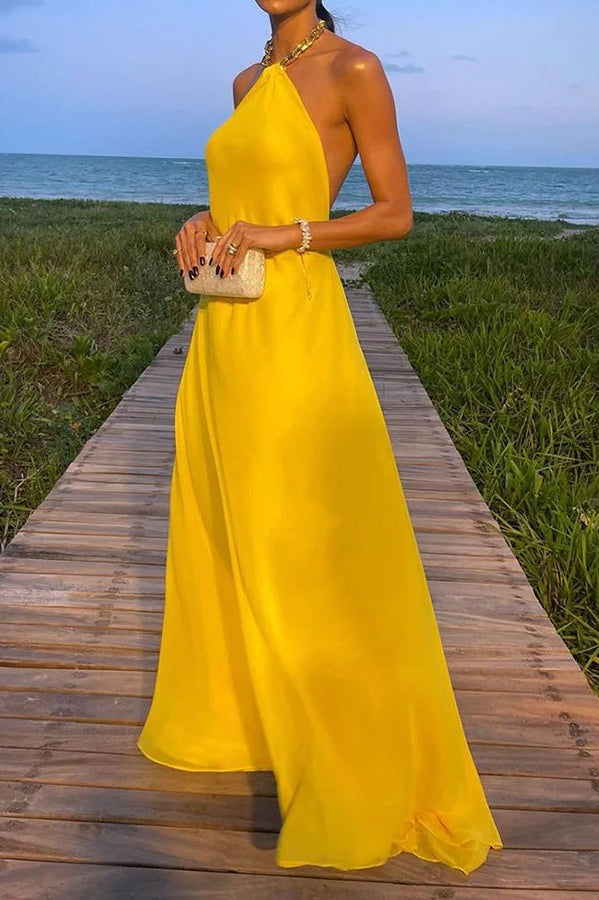 Drune | Sunny In Santorini Ketten-Halter Rückenfreies A-Linie Urlaub Maxi Kleid