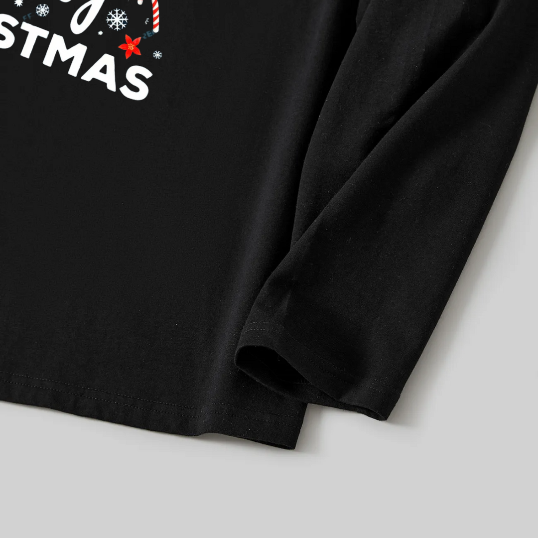 Drune | "Wir wünschen Ihnen ein frohes Weihnachtsfest" Bedrucktes Muster Schwarzes Langarmtop mit Schwarz- und Grünkarierten Hosen Paar Matching Pyjamas