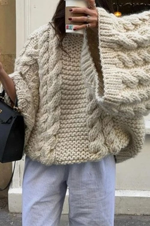 Drune | Rosiedress Rundhals Übergroße Zopfmuster Pullover