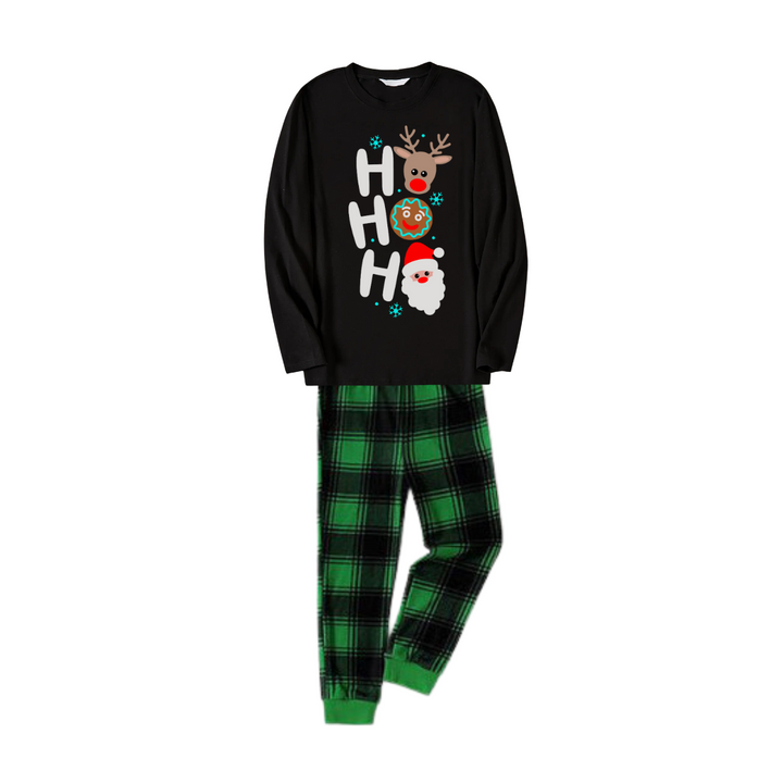 Drune | Weihnachten "HO HO HO" Textdruck Schwarzes Langarmoberteil mit grünem und schwarzem Karomuster Familienneutrale Pyjamas