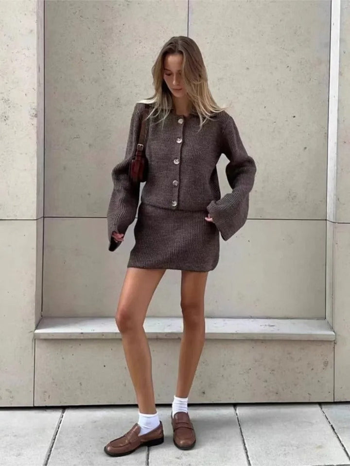 Drune | Cozy knit cardigan and casual mini skirt set