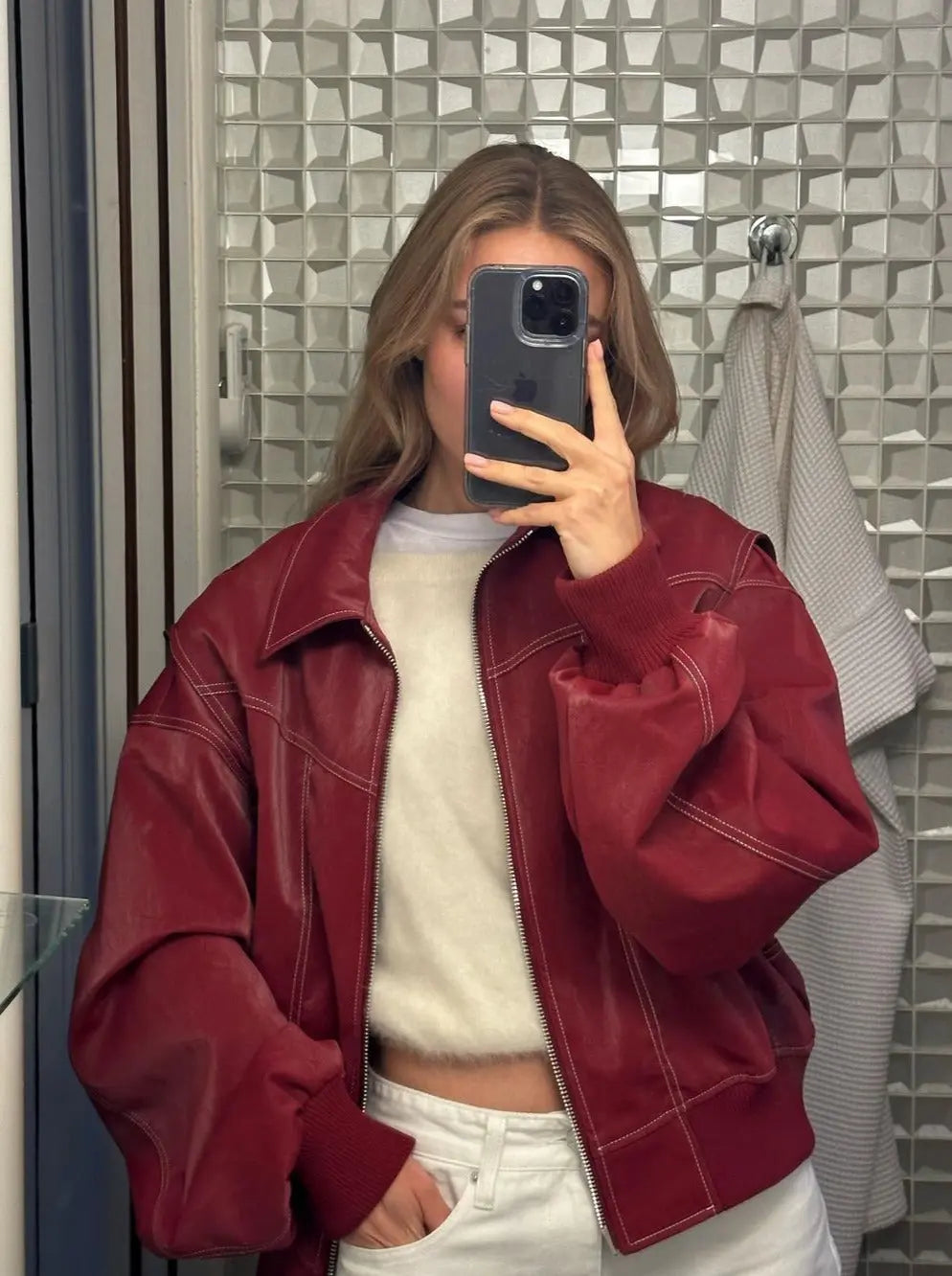 Drune | Burgundisch Zip up Jacke in Übergröße mit Kontrastnähten