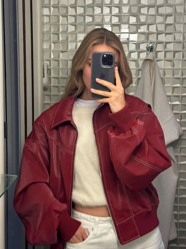 Drune | Burgundisch Zip up Jacke in Übergröße mit Kontrastnähten
