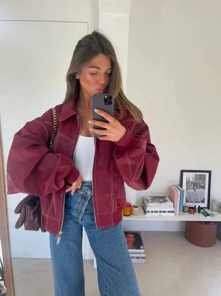Drune | Burgundisch Zip up Jacke in Übergröße mit Kontrastnähten