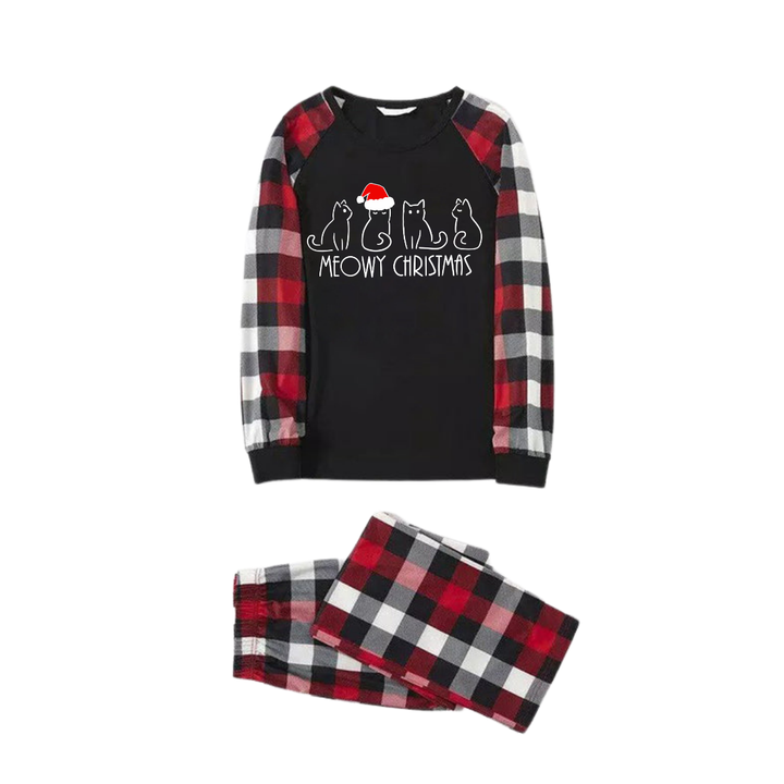 Drune | Weihnachtsniedliche Katzenmuster Rot & Schwarz & Grau & Weiß Karierte Familien-Pyjamas