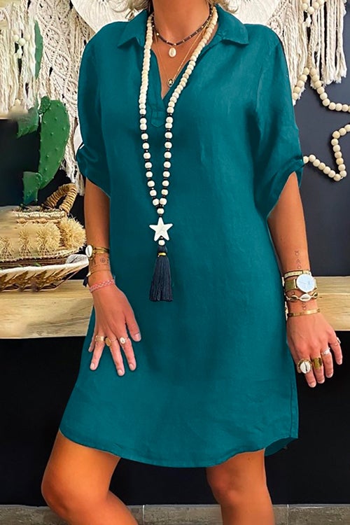 Drune | Rosiedress Revers V-Ausschnitt Roll-Up-Ärmel Hemdkleid