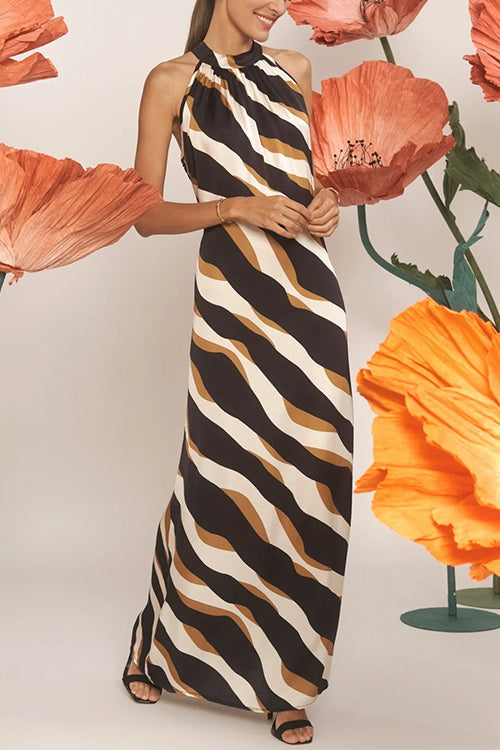 Drune | Rosiedress Tie Neck Ärmelloses Farbblock Gedrucktes Maxi Kleid