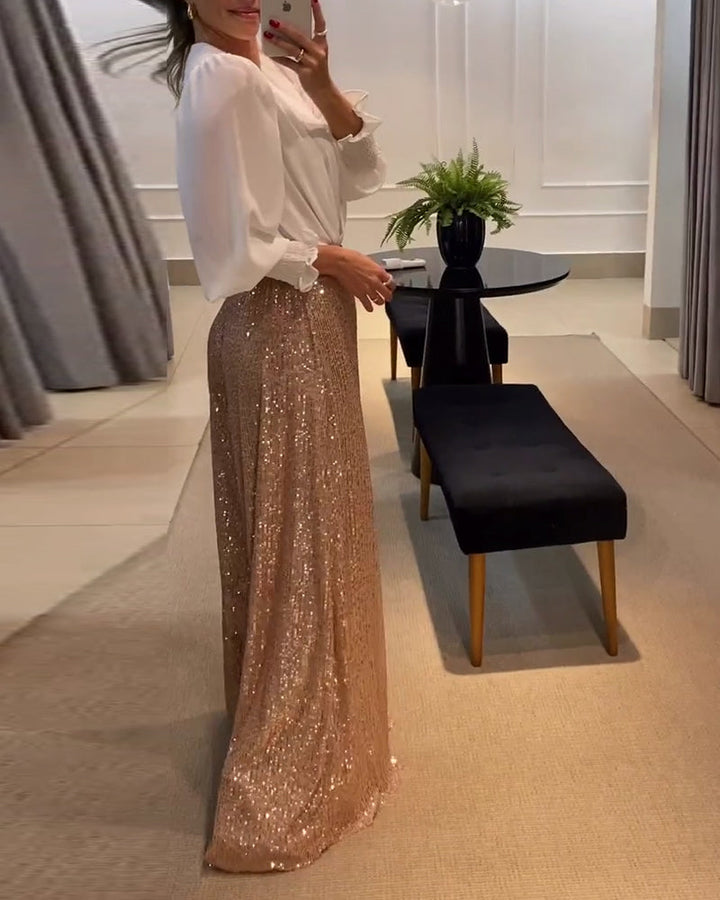 Drune | Elegante Einfarbige Bluse mit V-Ausschnitt und Laternenärmeln