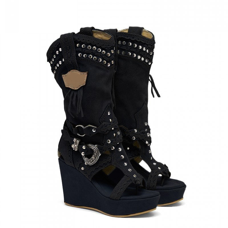 Drune | Hohe Absätze Durchlöcherte Damen Coole Stiefel