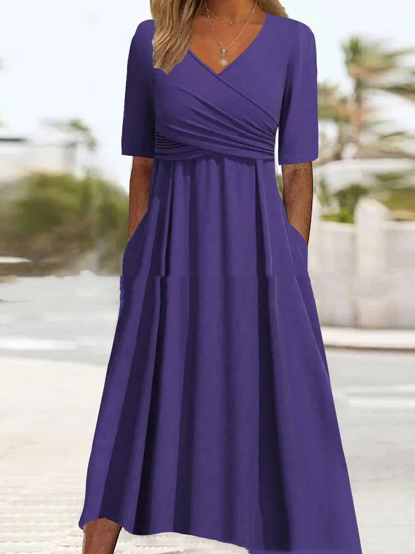 Drune | Blaues, Schlichtes Midikleid Mit V-ausschnitt