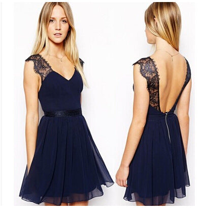 Damen Chiffon Kleid mit tiefem V-Ausschnitt und eleganter Spitzenverzierung Drune