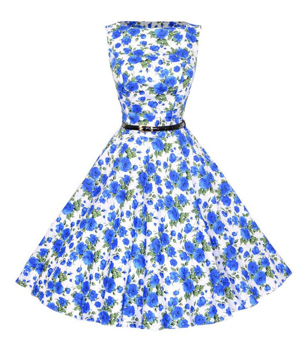 Damen A-Linien Kleid mit floralem Muster und Taillengürtel Drune