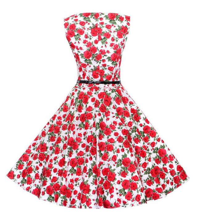 Damen A-Linien Kleid mit floralem Muster und Taillengürtel Drune
