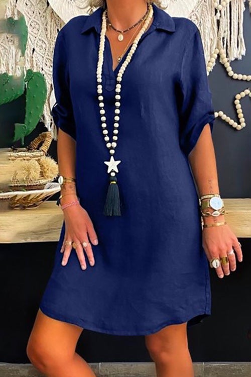Drune | Rosiedress Revers V-Ausschnitt Roll-Up-Ärmel Hemdkleid