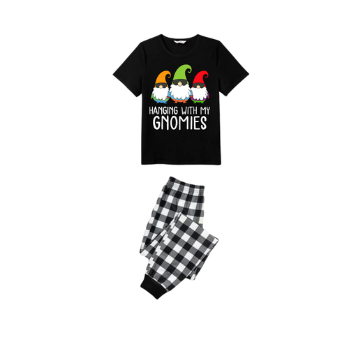 Drune | Hanging With My Gnomies Familie Weihnachten Schlafanzug Set - Schwarzes Oberteil Schwarze und Weiße Karohose Farbige Gnome Grafik