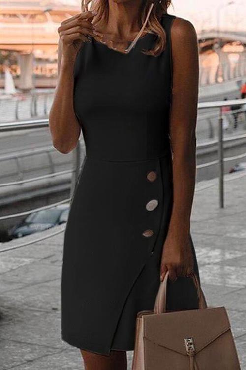 Drune | Rosiedress Rundhals Knöpfe Ärmellos Büro Kleid