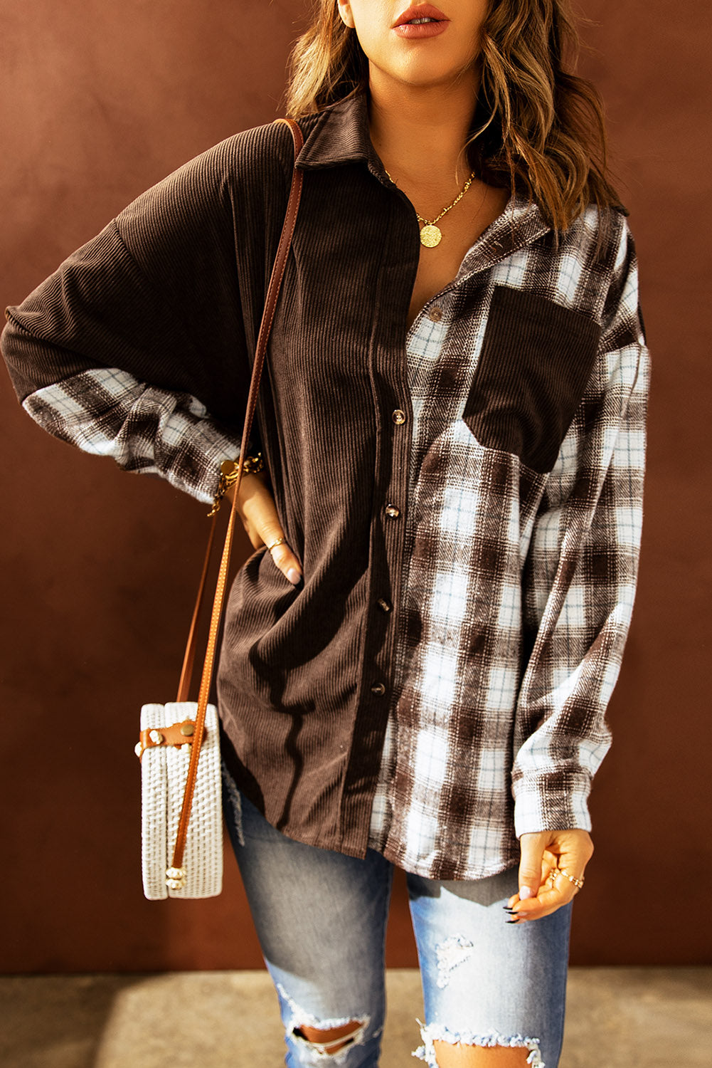 Drune | Karierte Farbblock Gefallen Schulter Corduroy Shacket