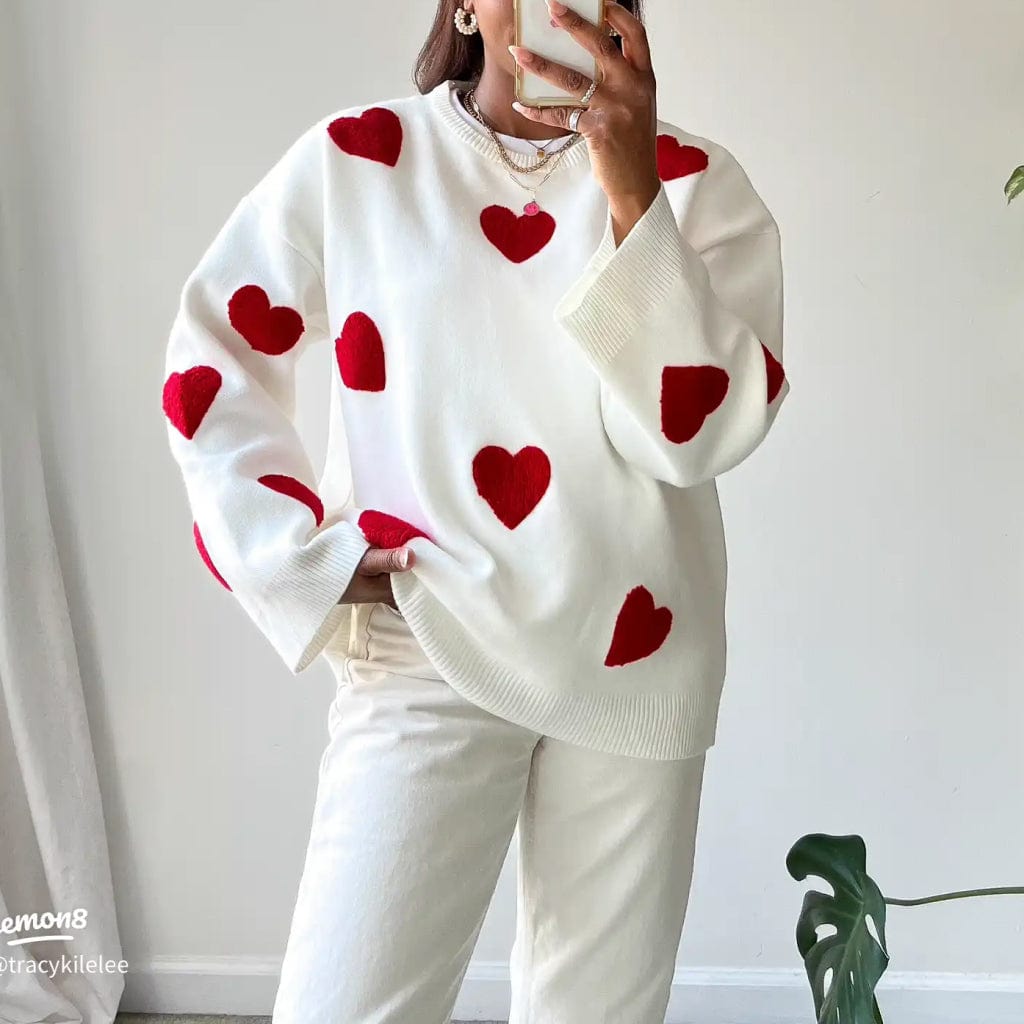 Drune | Herz Druck Strickpullover Lässig Gemütlich Tragen
