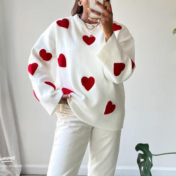Drune | Herz Druck Strickpullover Lässig Gemütlich Tragen