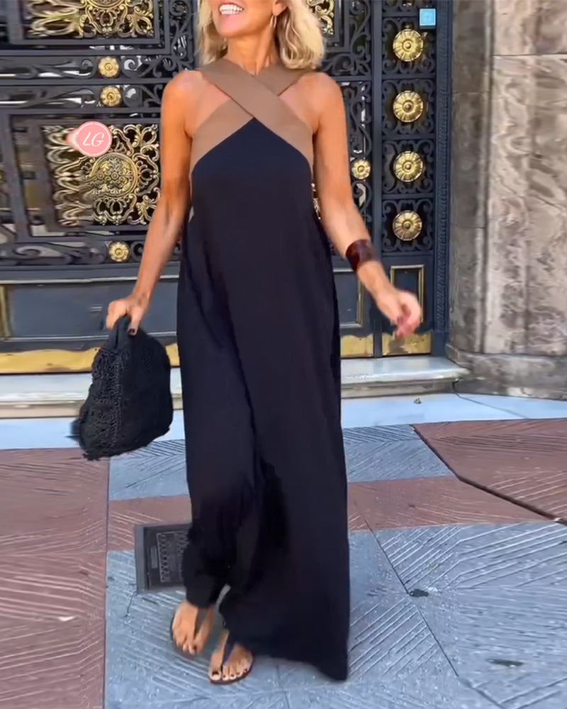 Drune | Kreuzförmig Rückenfreies Elegantes Kleid mit Kontrastfarbe