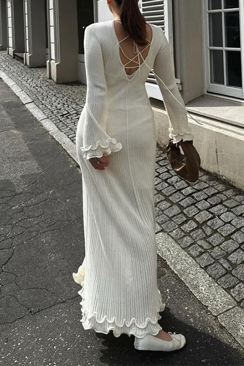Drune | Rosiedress Glockenärmel Rücken Schnürung Rüsche Trim Maxi Kleid