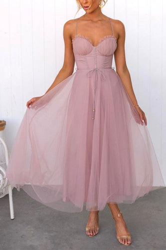 Drune | Rosiedress Rückenausschnitt Bindegürtel Mesh Swing Maxi Spaghettiträger Kleid