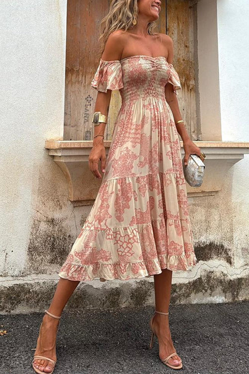 Drune | Off Shoulder Smocked Midi Kleid