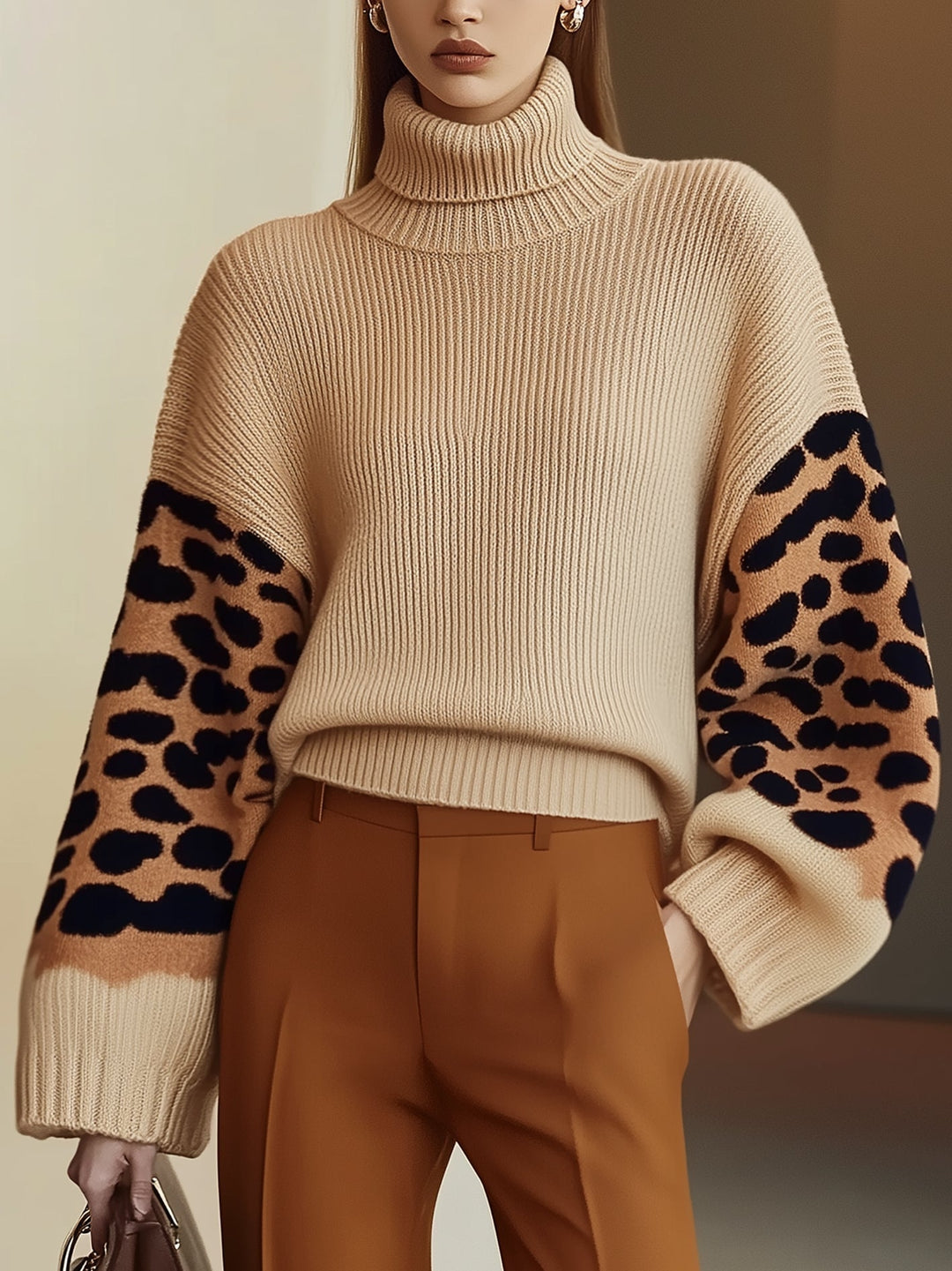 Drune | Rollkragen-strickpullover Leopardenärmel Modernes Aussehen