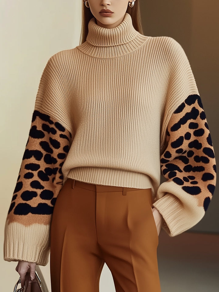 Drune | Rollkragen-strickpullover Leopardenärmel Modernes Aussehen