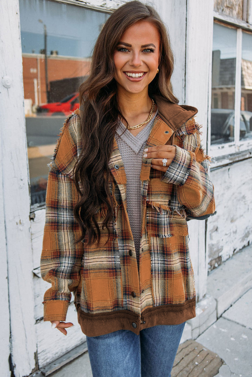 Drune | Karierte Jacke mit Kapuze und Rohen Kanten Baumwolle Lässig und Trendy